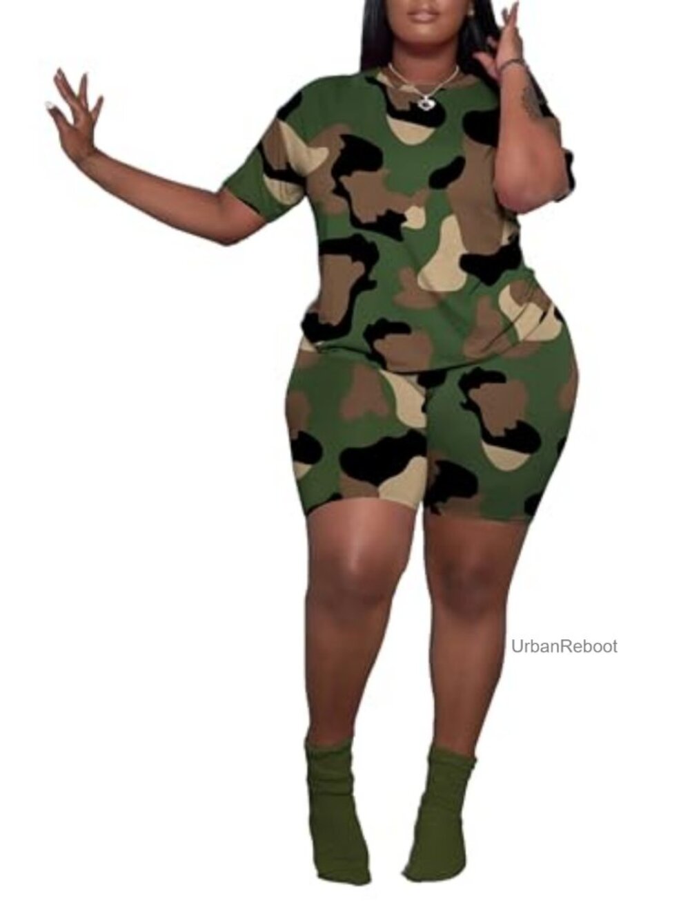 Plus Size 2 Piece Lounge Set Short Sleeve Top & High Waisted Biker Shorts